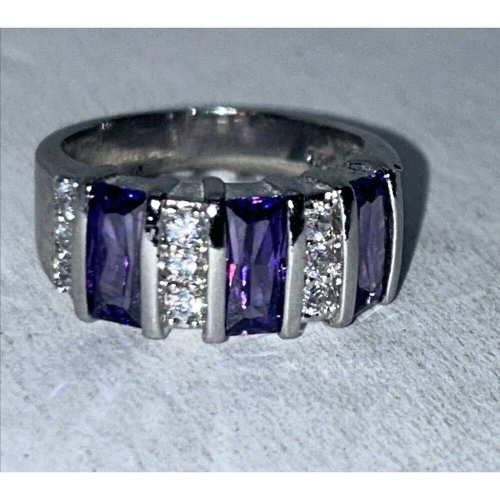 Vintage 925 Amethyst Square w cz's Sterling Silver Ring size 7.75